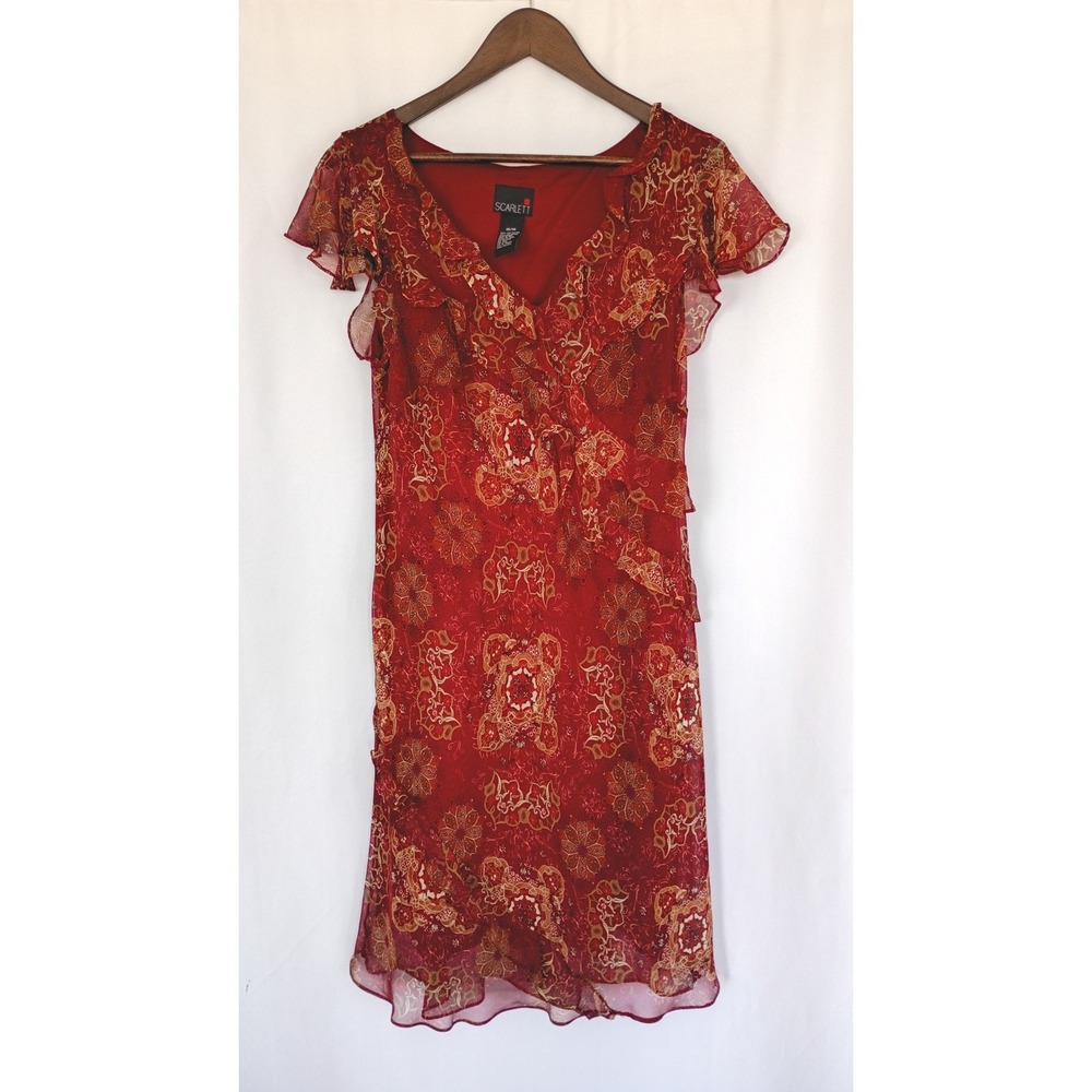 Vintage Red Floral Paisley Chiffon Flutter Sleeve Ruffle Midi Dress Sz 15/16 Y2K